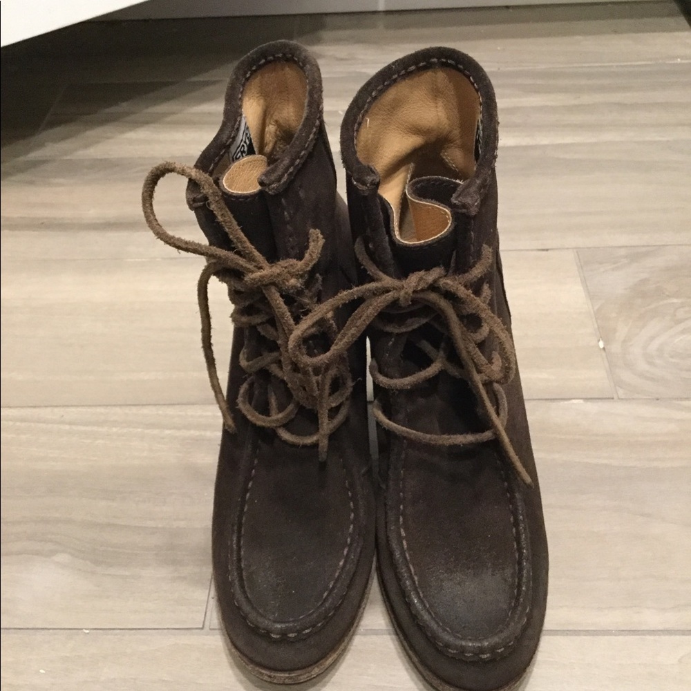 FRYE BROWN LEATHER SUEDE LEATHER CHUNKY HEEL BOOTS sz 7, NEW - Picture 2 of 10